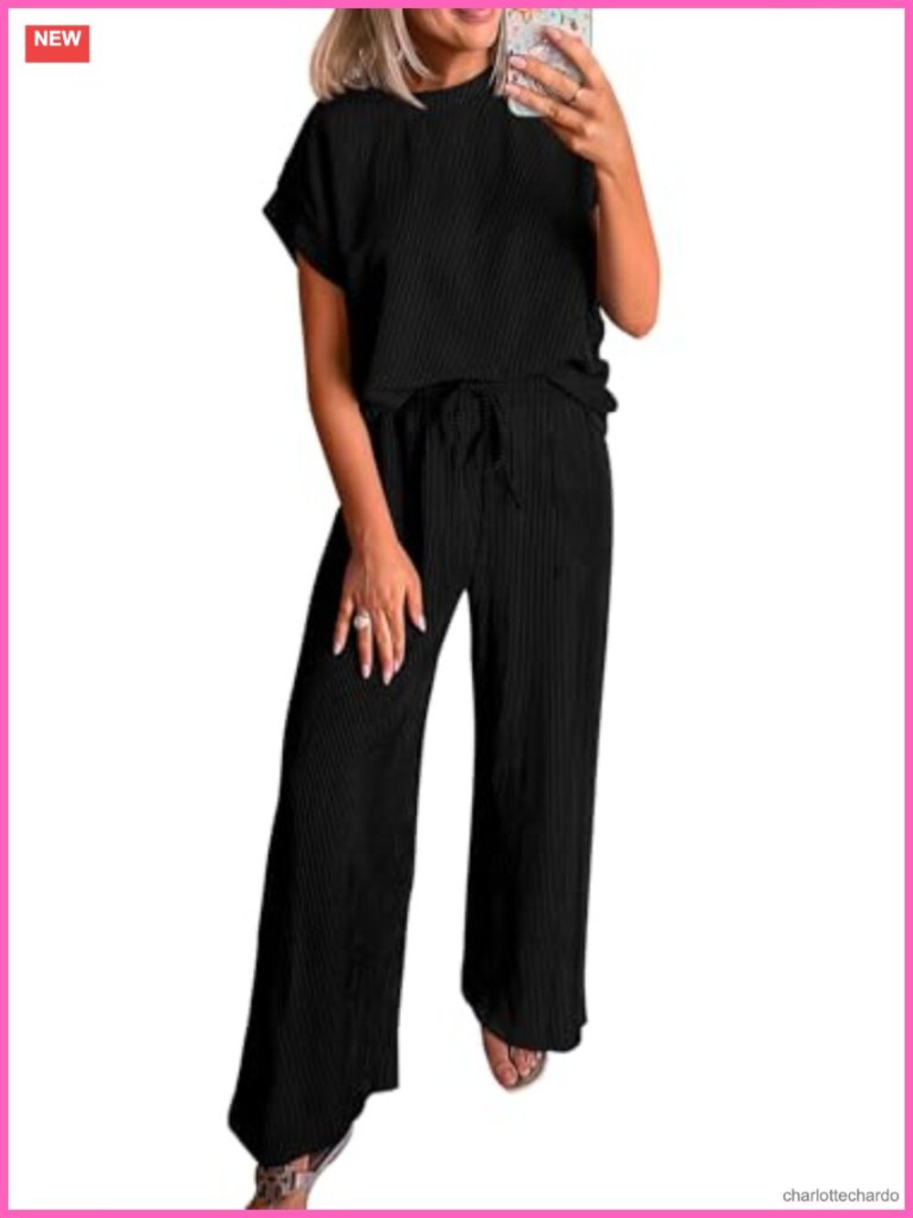 2 Piece Lounge Set Ribbed Knit Tracksuit Wide Leg Pants